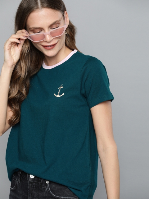 

Mast & Harbour Women Navy Blue Solid Round Neck T-shirt