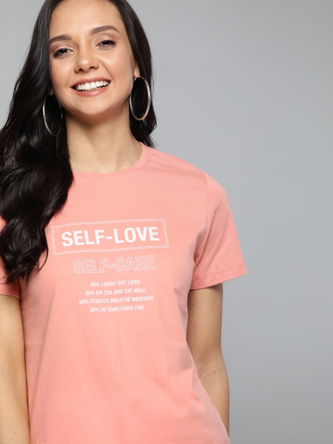 

Mast & Harbour Women Peach-Coloured & White Typography Print Round Neck T-shirt
