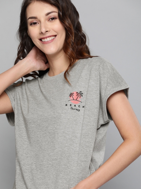 

Mast & Harbour Women Grey Melange Solid Round Neck T-shirt With Printed Detailing