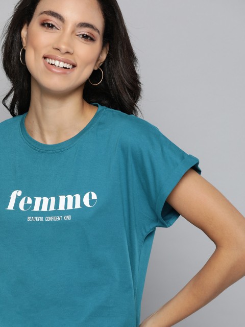

Mast & Harbour Women Teal Blue & White Typography Print Round Neck T-shirt