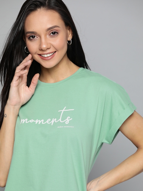 

Mast & Harbour Women Green & White Typography Print Round Neck T-shirt