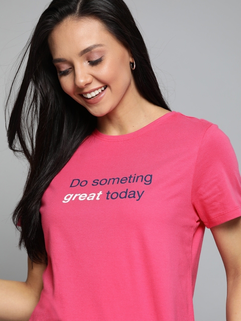 

Mast & Harbour Women Pink & Navy Blue Typography Print Round Neck T-shirt