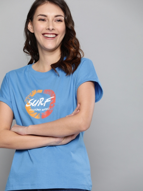 

Mast Harbour Women Blue Printed Round Neck Pure Cotton T-shirt