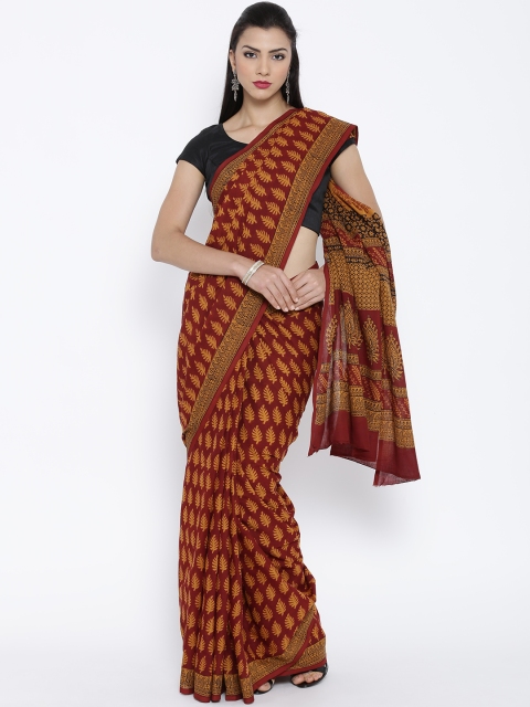 

Kalakari India Maroon & Mustard Yellow Handblock Bagh Print Sustainable Cotton Saree