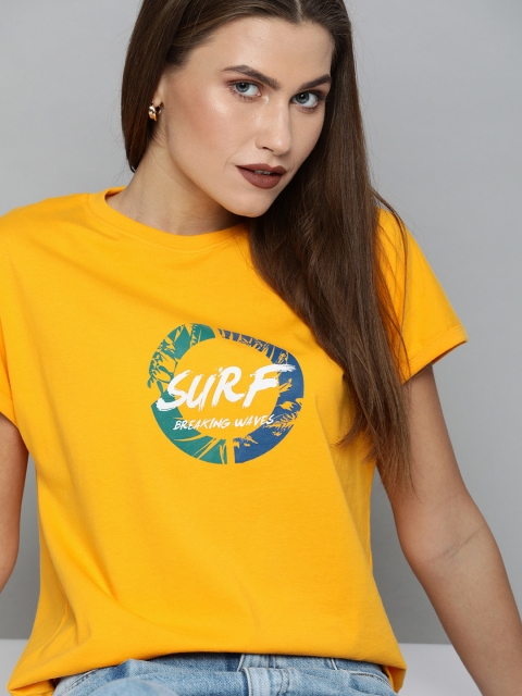 

Mast & Harbour Women Mustard Yellow Printed Round Neck T-shirt