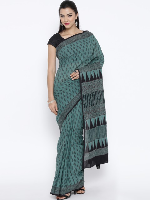 

Kalakari India Teal Green Cotton Bagh Print Traditional Handloom Saree