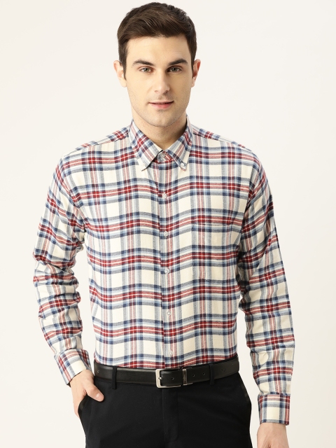 

Hancock Men Off-White & Blue Slim Fit Pure Cotton Checked Formal Shirt