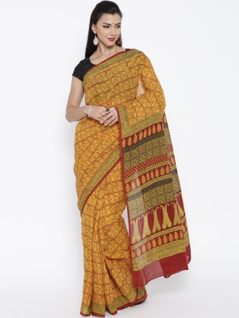 

Kalakari India Mustard Yellow Bagh Handblock Print Handcrafted Cotton Sustainable Saree