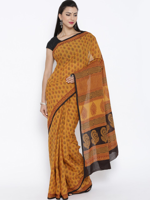 

Kalakari India Mustard Yellow Cotton Handblock Bagh Print Handcrafted Sustainable Saree