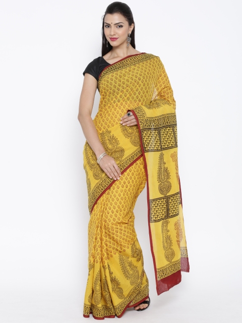 

Kalakari India Yellow Cotton Handblock Bagh Print Handcrafted Saree