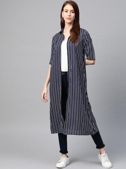 

YASH GALLERY Women Navy Blue & White Striped Open Front Longline Shrug