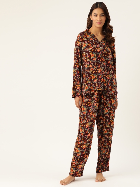 

Hancock Women Burgundy & Mustard Yellow Floral Print Night suit