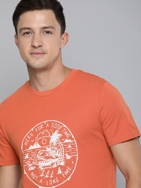 

Mast Harbour Men Orange Printed Round Neck Pure Cotton T-shirt