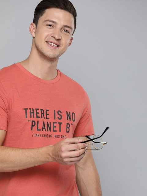 

Mast & Harbour Men Coral Orange Printed Round Neck T-shirt