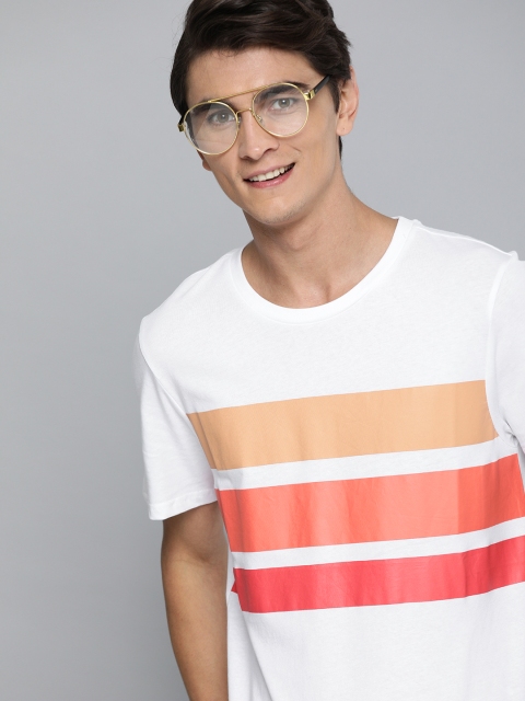 

Mast & Harbour Men White & Orange Striped Round Neck T-shirt