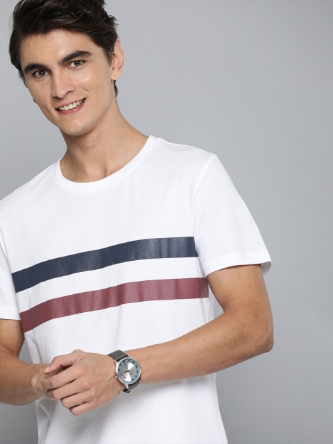 

Mast & Harbour Men White Striped Round Neck T-shirt