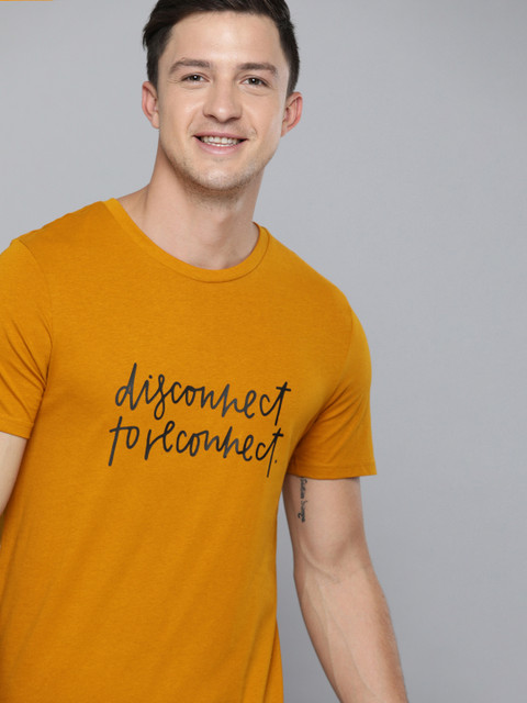 

Mast & Harbour Men Mustard Yellow Printed Round Neck T-shirt