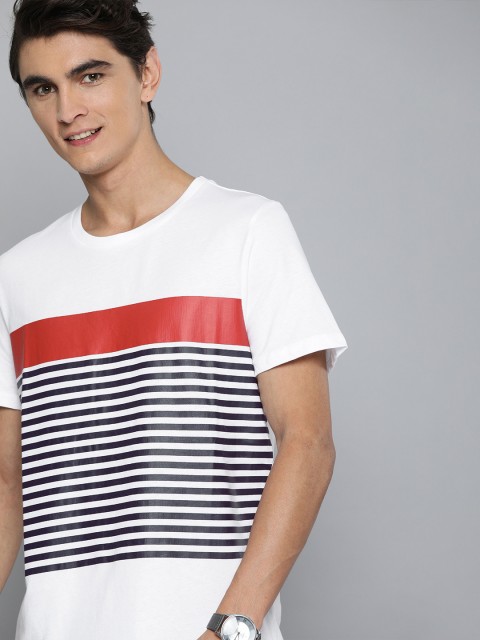 

Mast Harbour Men White Striped Round Neck Pure Cotton T-shirt