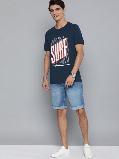 

Mast Harbour Men Navy Blue Printed Round Neck Pure Cotton T-shirt