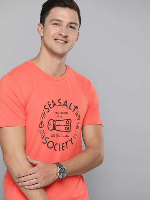 

Mast & Harbour Men Coral Orange Printed Round Neck T-shirt