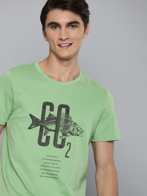 

Mast Harbour Men Green Printed Round Neck Pure Cotton T-shirt