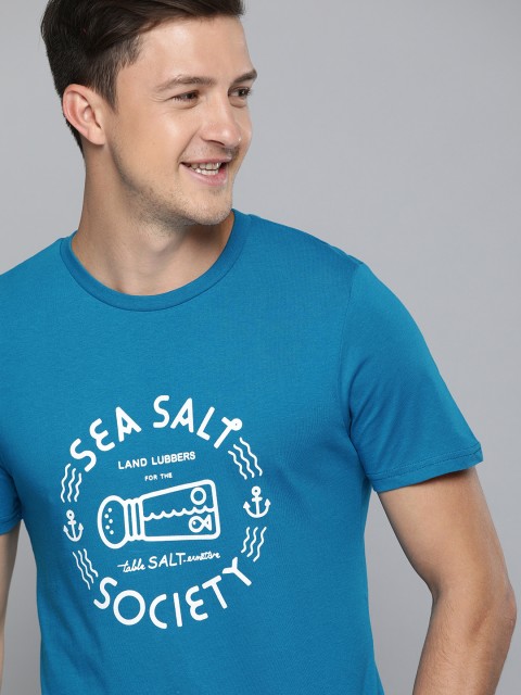 

Mast Harbour Men Teal Blue Printed Round Neck Pure Cotton T-shirt