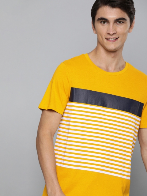 

Mast & Harbour Men Yellow Striped Round Neck Pure Cotton T-shirt