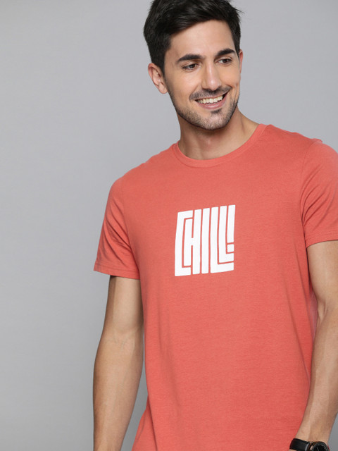 

Mast & Harbour Men Coral Red Printed Round Neck T-shirt