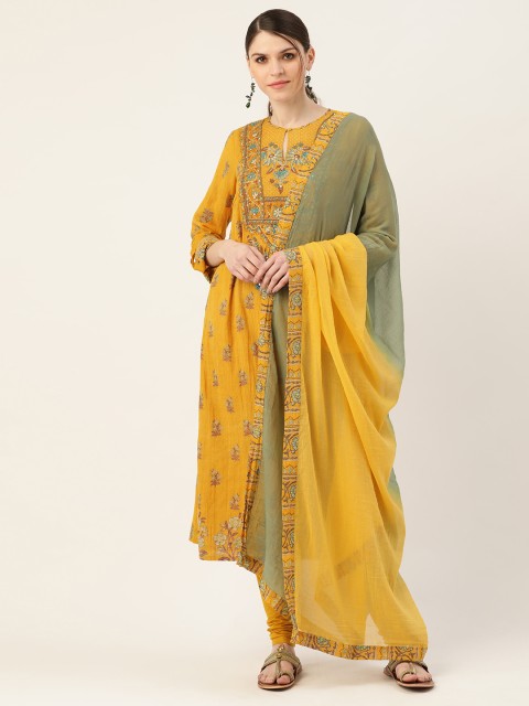 

Ritu Kumar Women Mustard Yellow & Brown Printed Kurta with Churidar & Dupatta