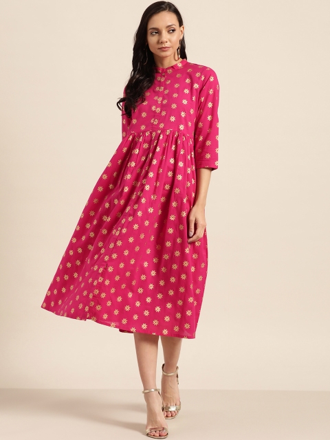 

Sangria Women Magenta & Golden Printed A-Line Dress