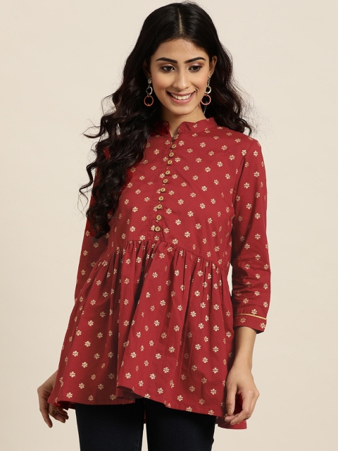 

Sangria Women Maroon & Golden Floral Print Mandarin Collar Pure Cotton A-Line Top