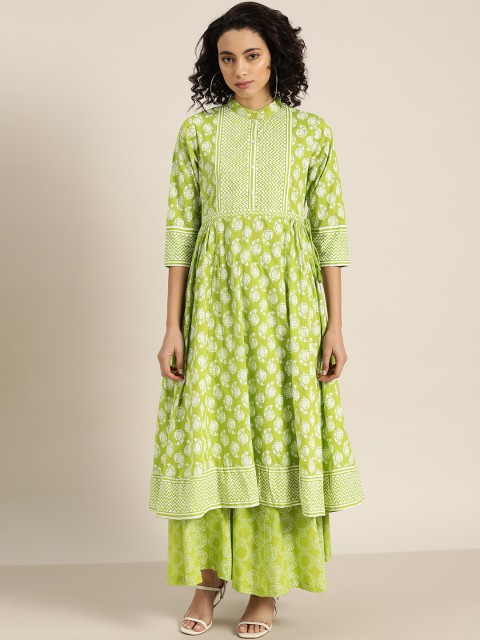 

Sangria Women Green & White Pure Cotton Printed A-Line Kurta with Palazzos