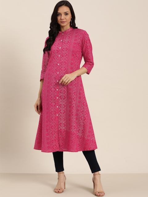

Sangria Women Pink & Silver Printed Pure Cotton A-Line Kurta