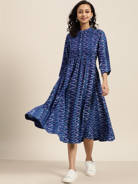 

Sangria Women Blue Ikat Print Pleated A-Line Dress