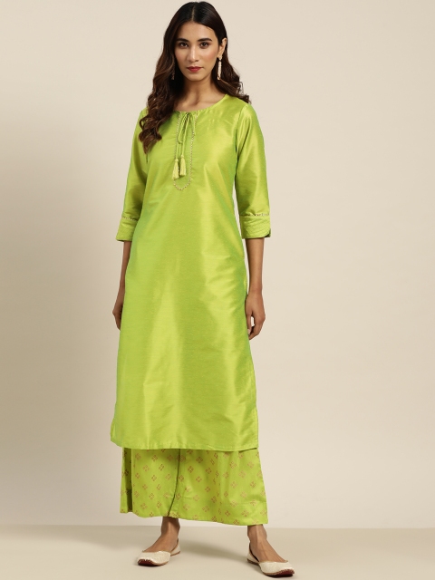

Sangria Women Lime Green & Golden Solid Kurta with Printed Palazzos