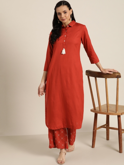 

Sangria Women Rust Red & Beige Solid Kurta with Palazzos