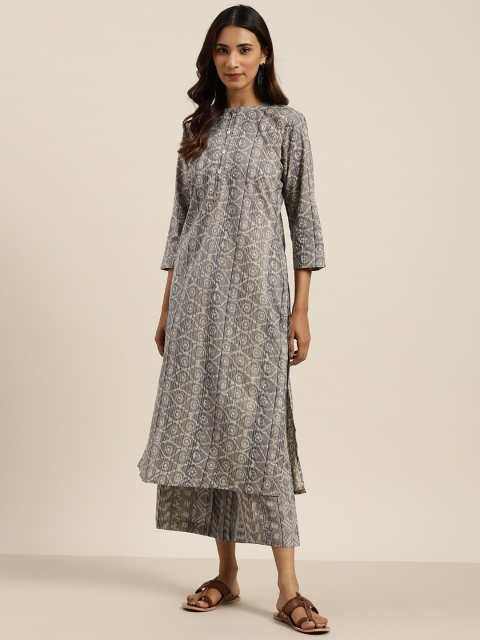 

Sangria Women Grey & Navy Blue Ethnic Motifs Printed Cotton Kurta with Palazzos