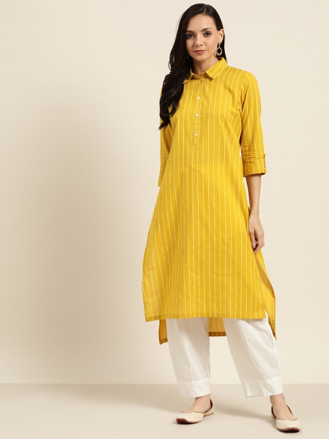 

Sangria Women Mustard Yellow & Off-White Pure Cotton Striped Straight Kurta