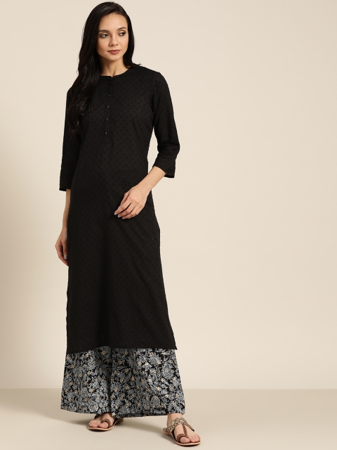 

Sangria Women Black & White Pure Cotton Dobby Weave Straight Kurta with Printed Palazzos