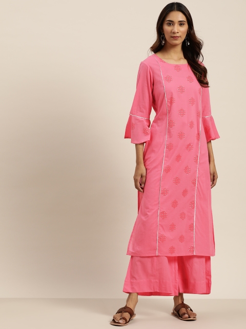 

Sangria Women Pink & Silver Ethnic Motifs Printed Pure Cotton Kurta with Palazzos