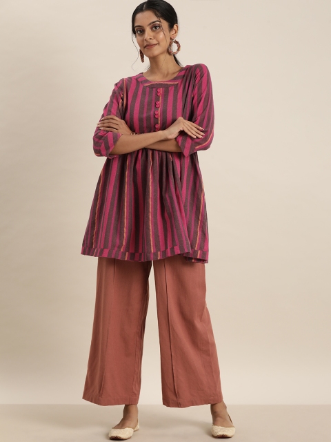 

Sangria Women Pink & Brown Striped Pure Cotton Kurta Set