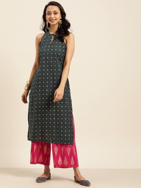 

Sangria Women Charcoal Grey & Pink Printed Kurta with Palazzos