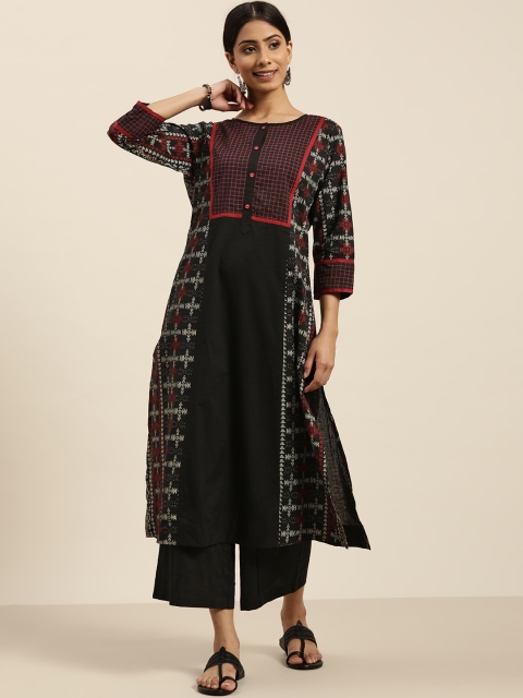 

Sangria Women Black & Red Geometric Print Pure Cotton Kurta with Palazzos