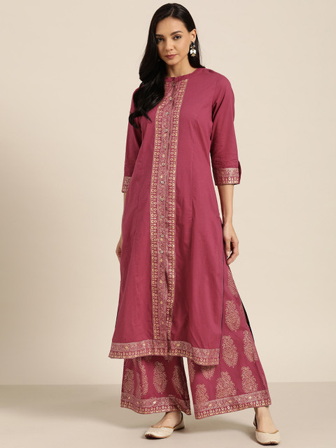 

Sangria Women Magenta & Golden Pure Cotton Solid Panelled Kurta with Palazzos