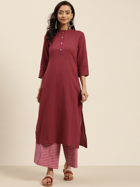 

Sangria Women Maroon & Pink Pure Cotton Solid Kurta with Striped Palazzos