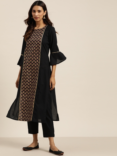 

Sangria Women Black & Golden Printed Pure Cotton Kurta with Trousers
