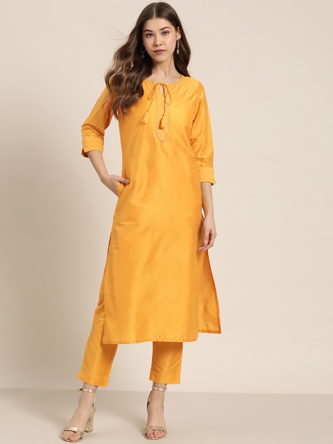 

Sangria Women Mustard Yellow Yoke Design Straight Kurta with Trousers