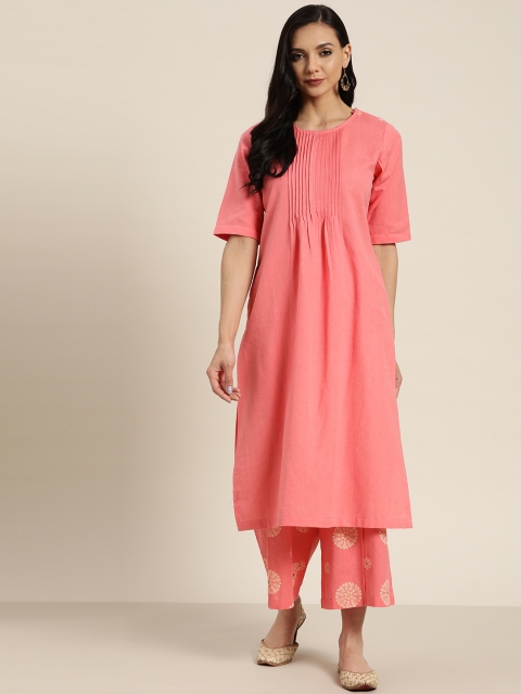 

Sangria Women Pink & Cream-Coloured Pure Cotton Solid Kurta with Palazzos