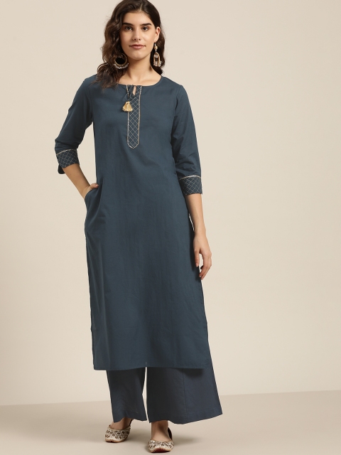 

Sangria Women Navy Blue Yoke Design Pure Cotton Kurta with Palazzos
