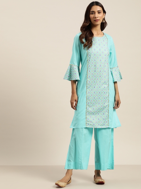 

Sangria Women Blue & Golden Ethnic Motifs Print Pure Cotton Kurta with Palazzos